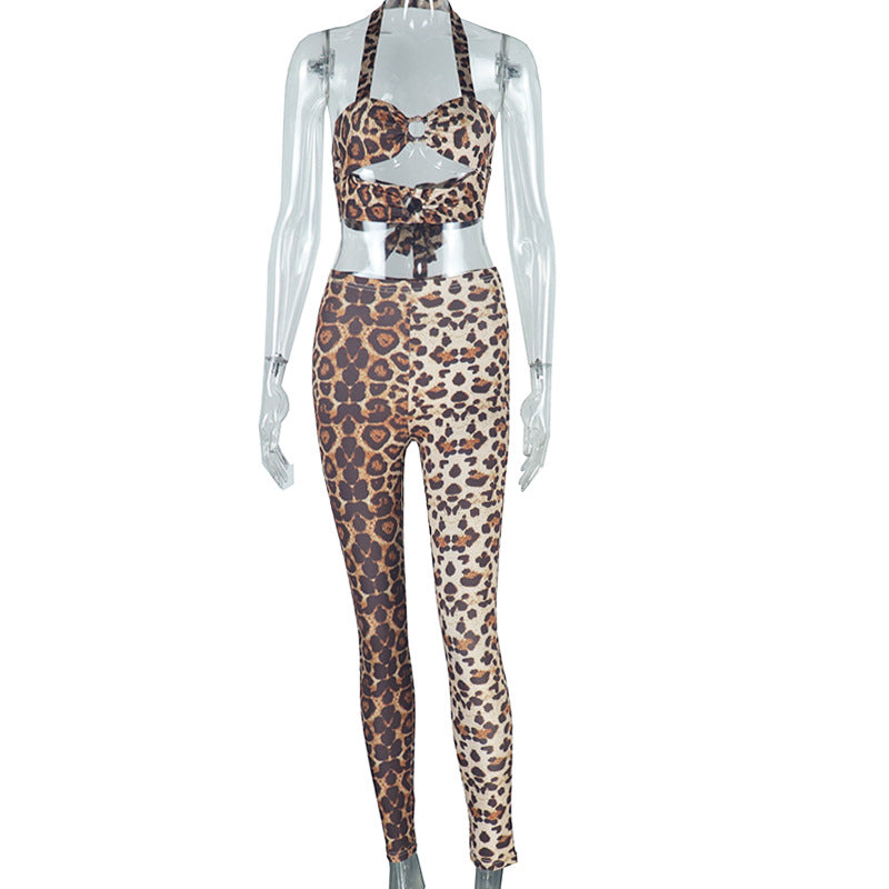 Women's fashion leopard print sexy strapless strap crop vest trousers two-piece set 7