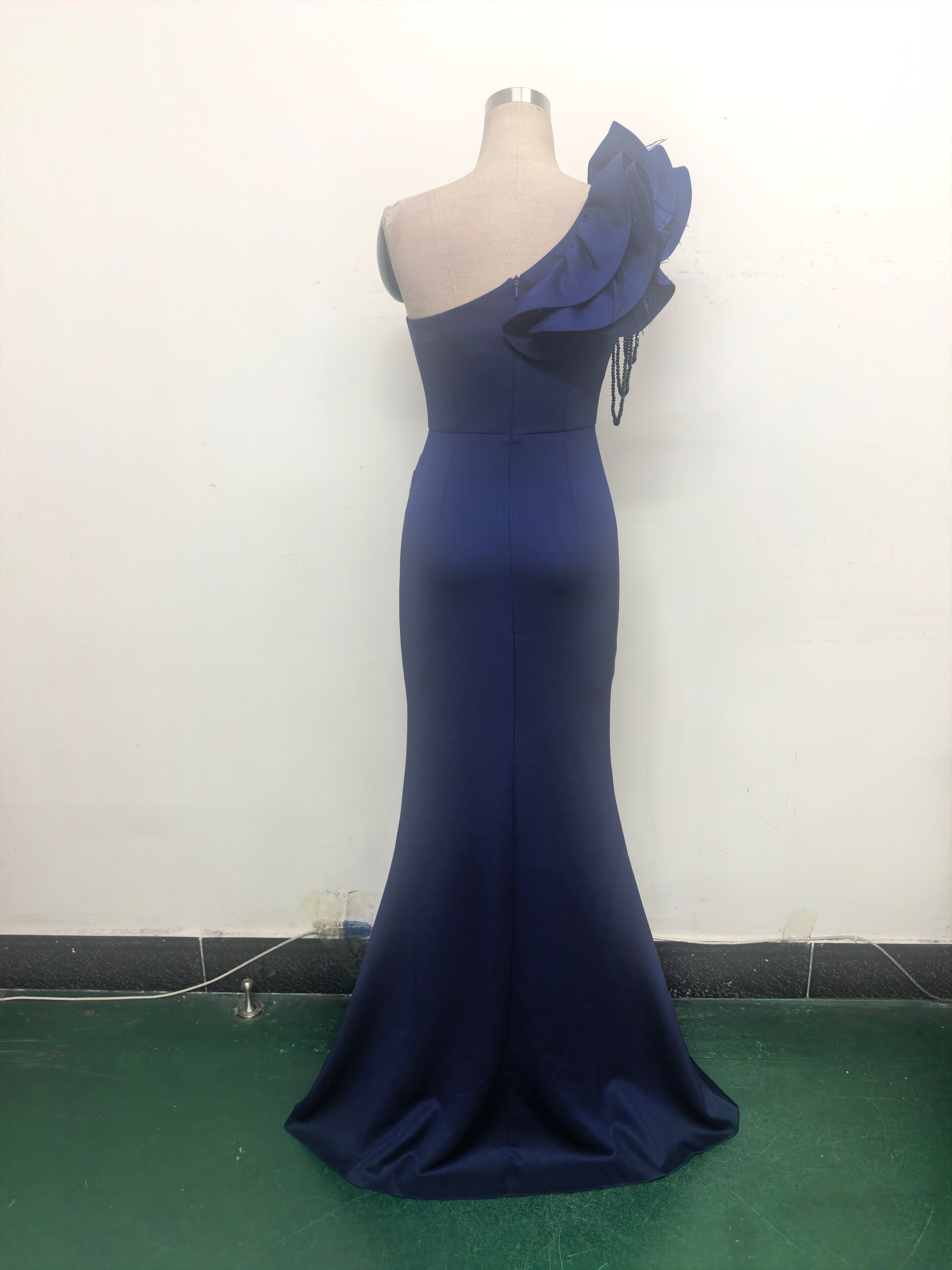 Women One-Shoulder Beaded Wool and Floral Satin Slit Sexy Evening Dress 43