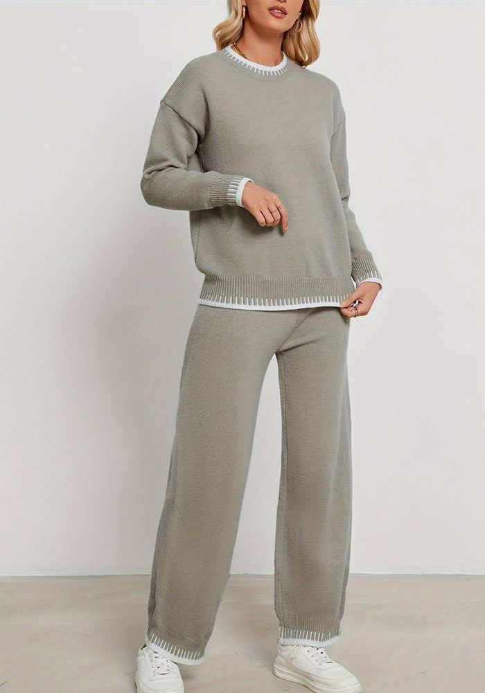 Autumn And Winter Color Matching Long Sleeve Knitting Top Fashion Pants Two Piece Set