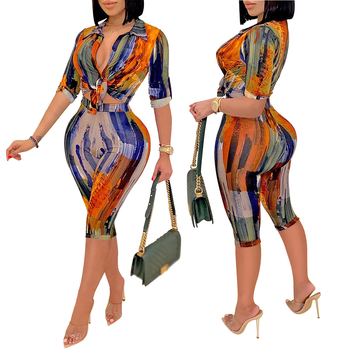 Casual Printed V-Neck Short-Sleeve Shirt Mid-Length Shorts Two-Piece Set 5