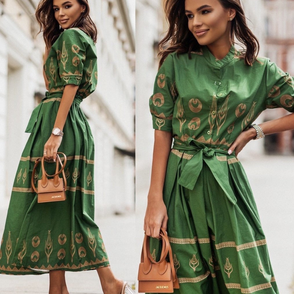 Women Printed Button Belt Shirt Dress 6