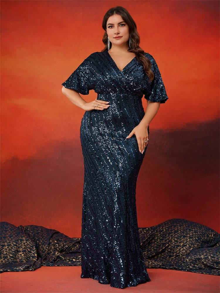 Plus Size Women Gorgeous Sequin V Neck Short Sleeve Dinner Elegant Fishtail Party Evening Dress 4
