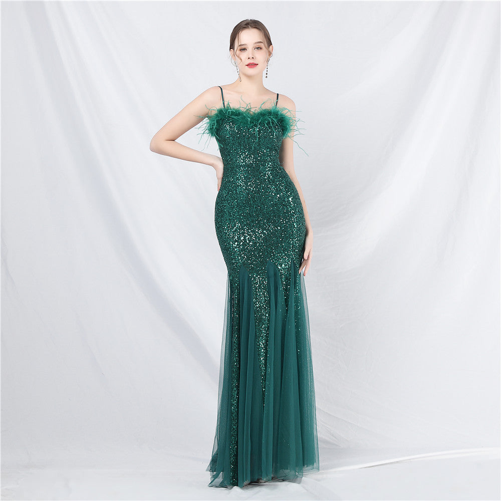 luxury feather mesh sequined long evening dress 10
