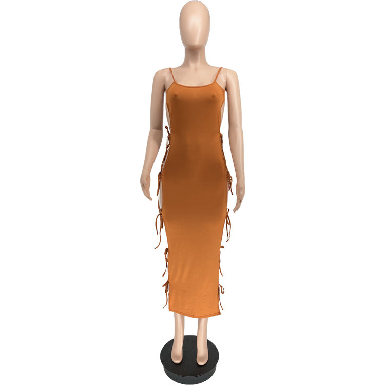 Women's Summer Sexy Straps Lace-Up Slit Solid Color Long Dress 13