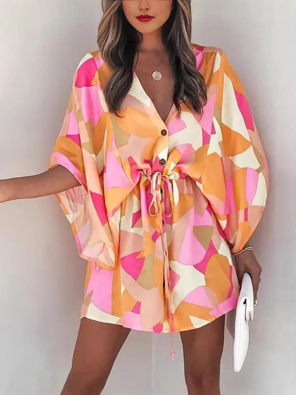 Women Summer Casual V-neck Bat Sleeves Printed Dress