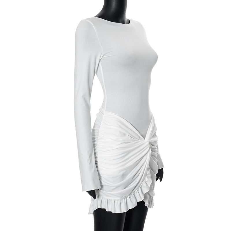 Women's Summer Solid Color Casual Round Neck Long Sleeve Bodycon Slim Short Dress 7