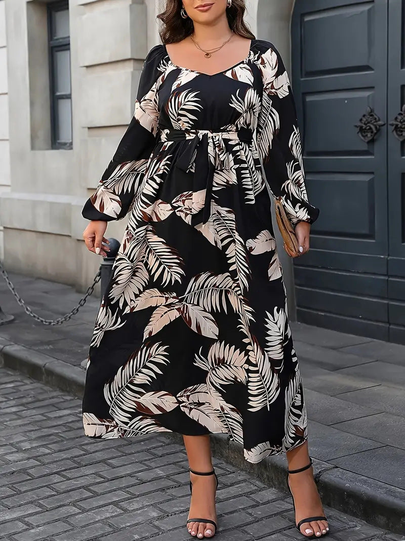 Leaf Print Lantern Sleeve Belt Waist Plus Size Women's Dress 3
