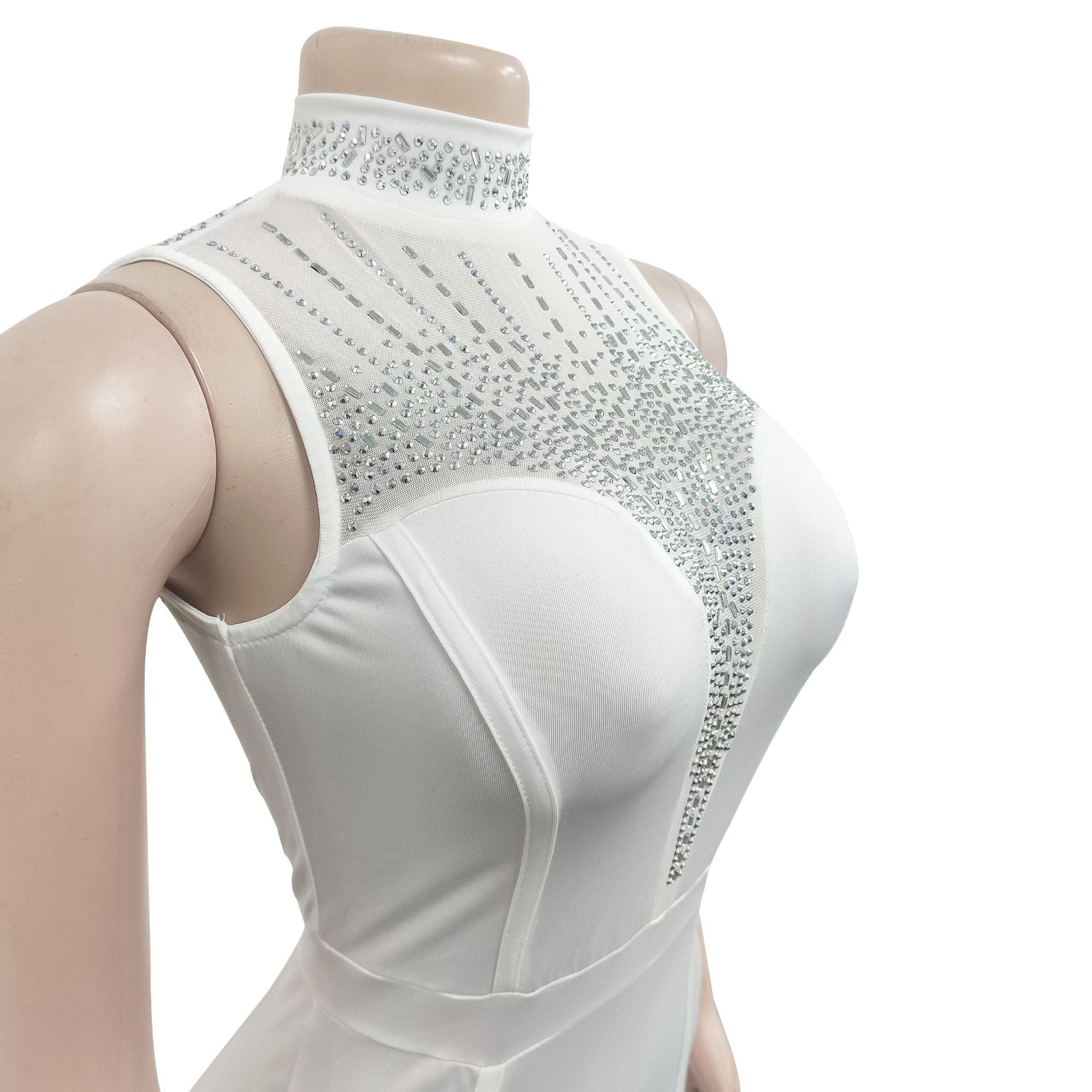 Women'S Fashion Solid Beaded Mesh See-Through Sleeveless Backless Club Bodycon Dress 13