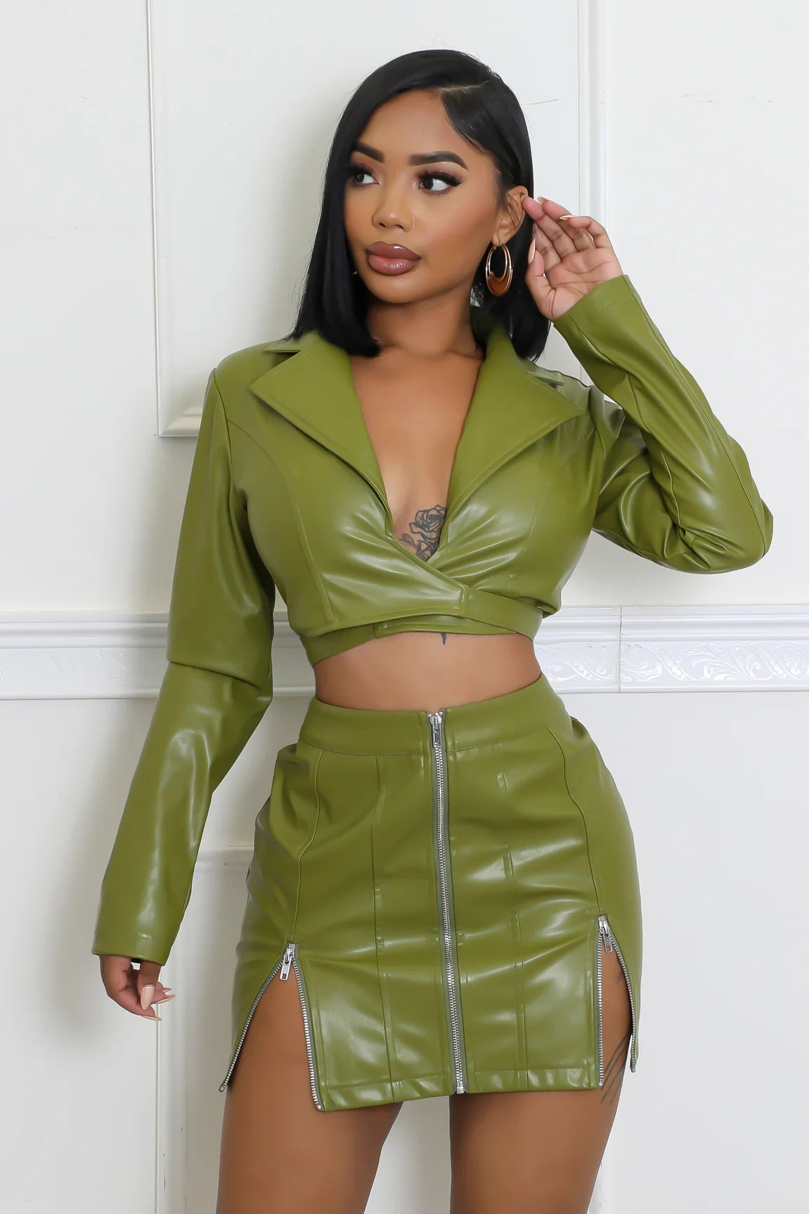 Fashionable Long-Sleeved V-Neck Slim Fit Sexy Hollow Fake Two-Piece Leather Dress 8