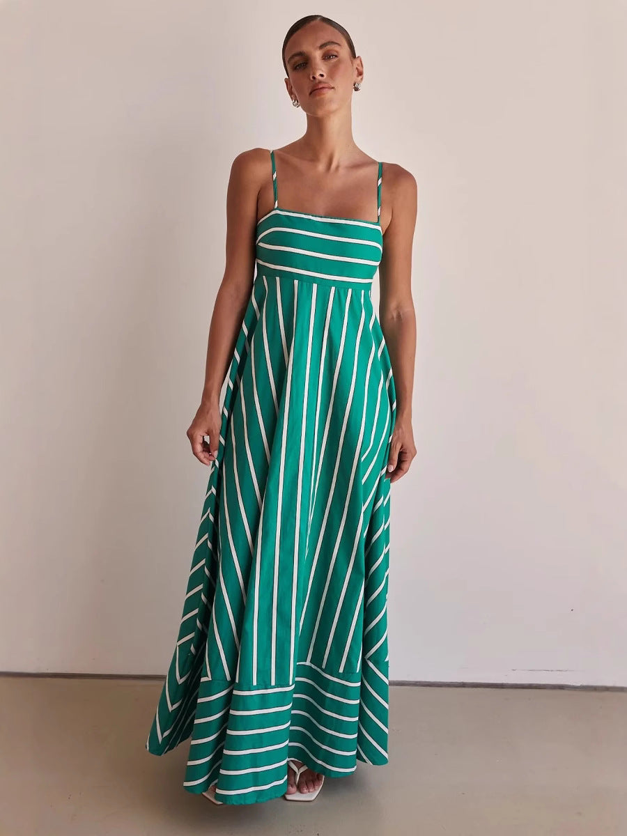 Fashionable Striped Strap High Waist A-Line Long Dress 6