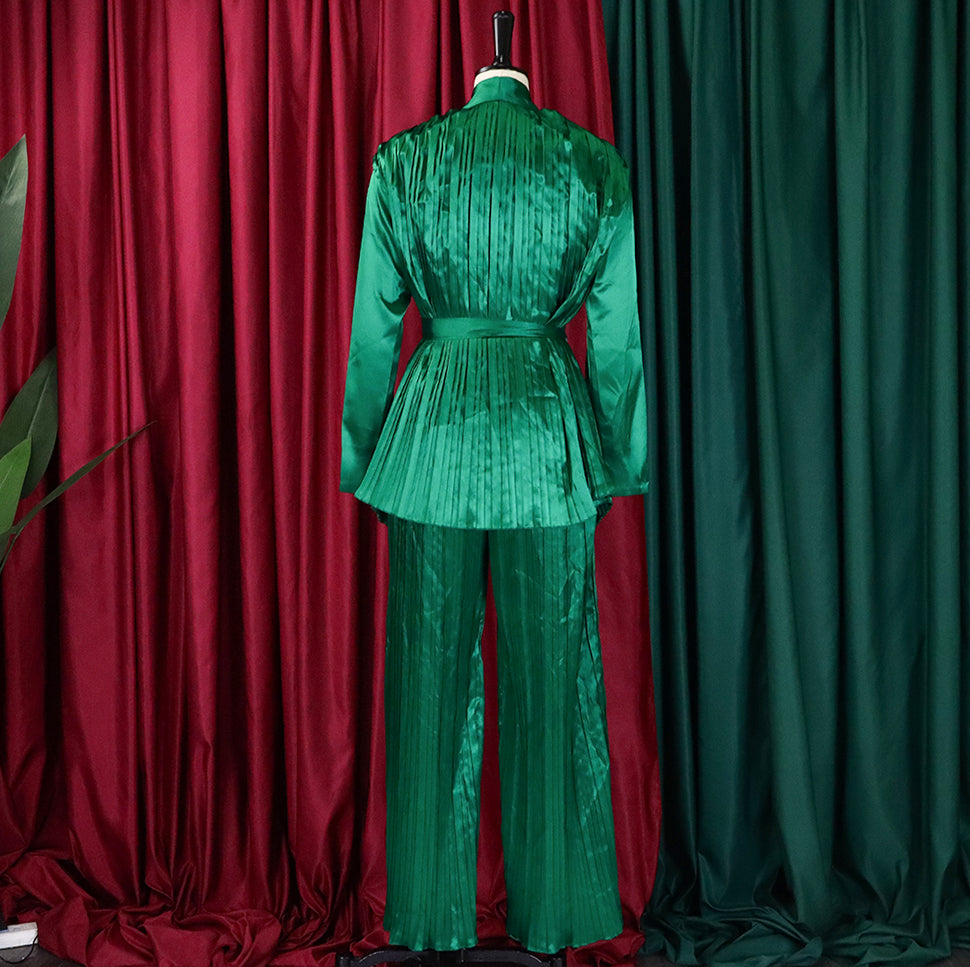 Women's Solid Color Pleated Loose Long Sleeve Lace-Up Shirt-Pants Two-Piece Set 20