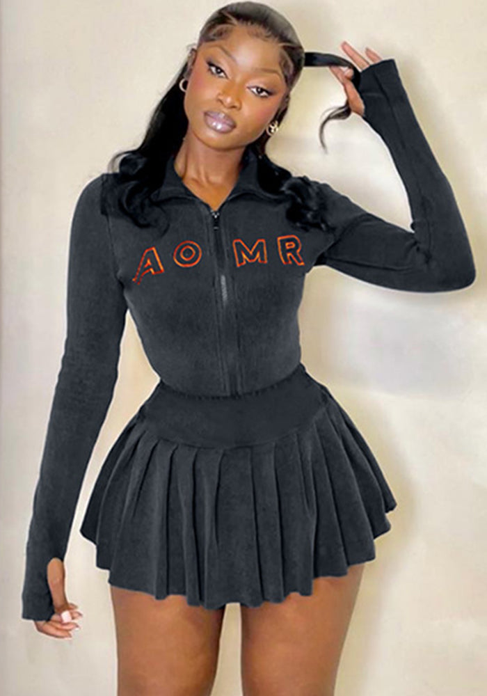 Embroidered Letter Half Turtleneck Crop Zipper Top + High Waist Pleated Skirt Casual Sports Two Piece Set For Women