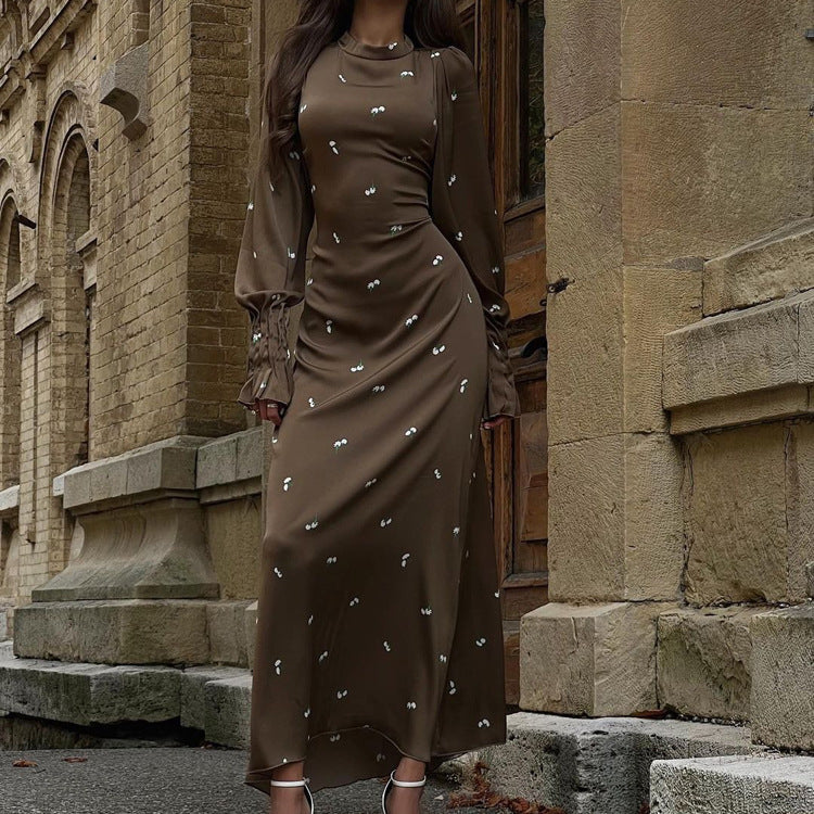 Women's Printed Round Neck Long Sleeve Dress Fall Fashion Slim Waist Satin Maxi Dress 4