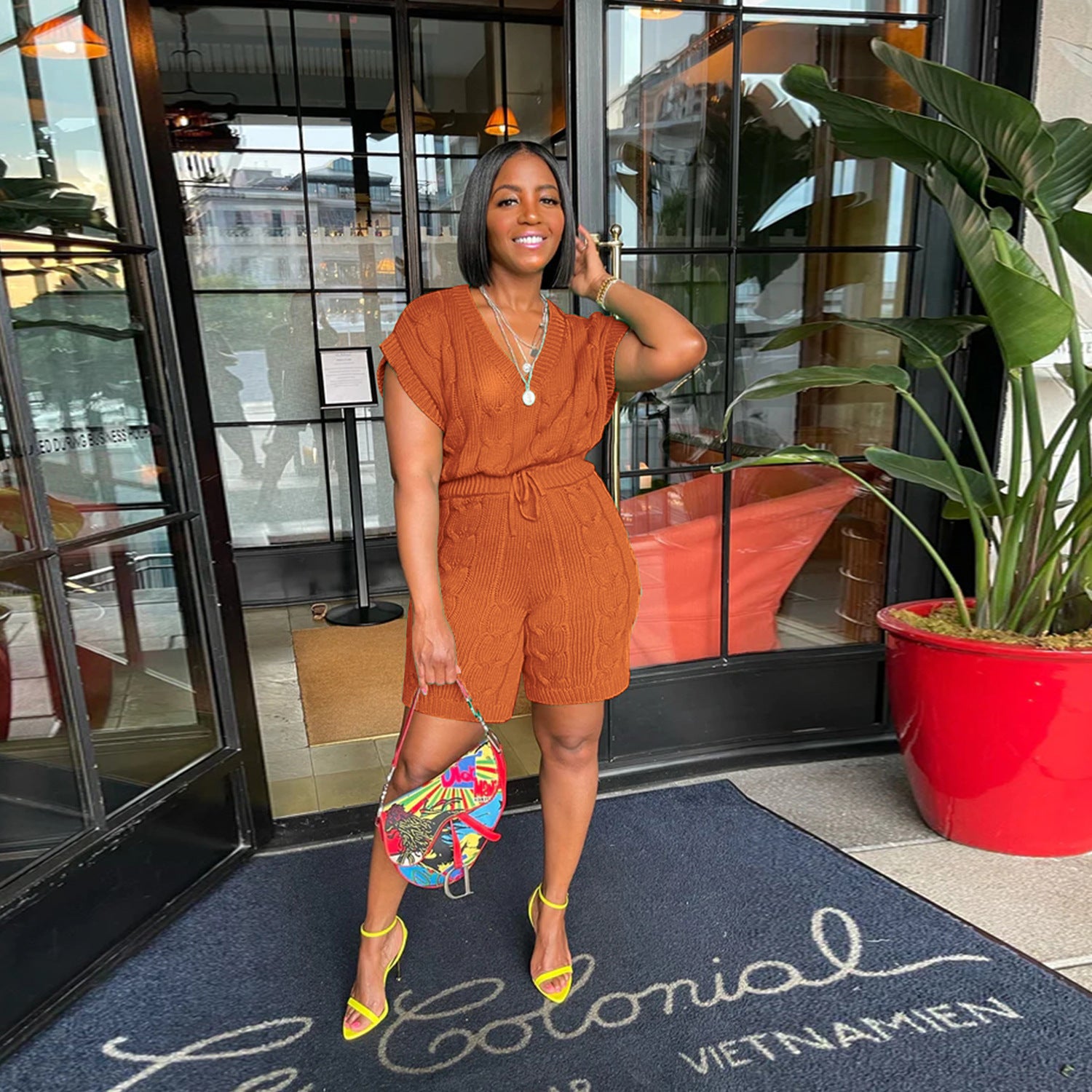 Sexy Solid Deep V Neck Sleeveless Loose Sweater Slim Shorts Two Piece Set 4