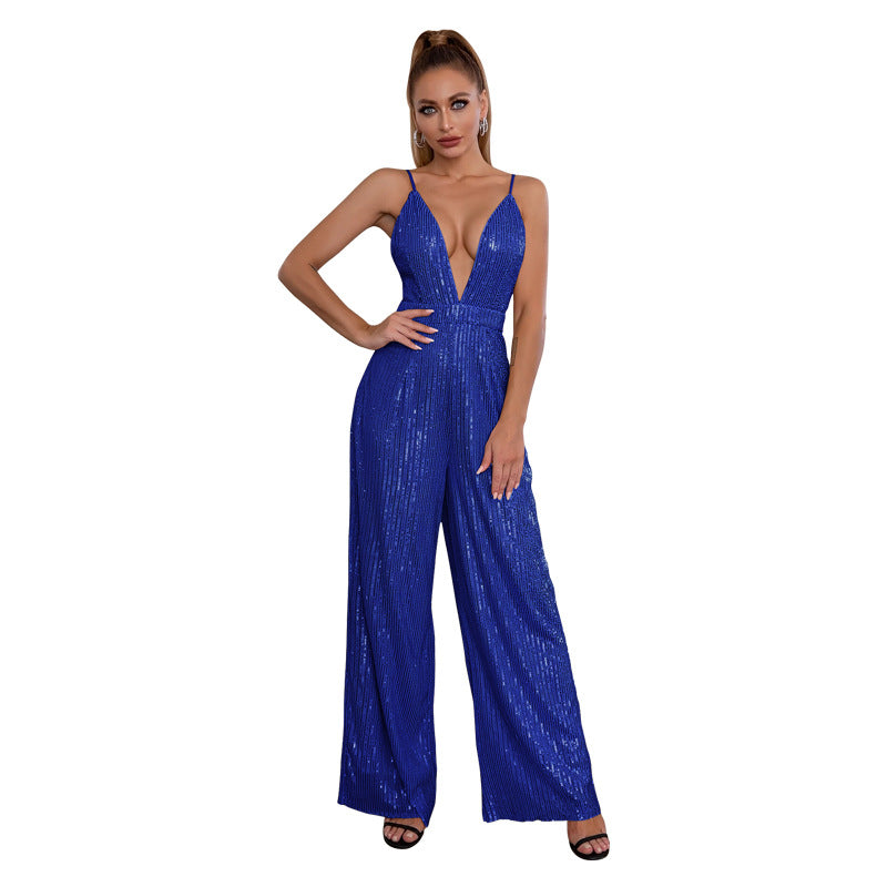 Deep V Neck Low Back Sleeveless Chic Sequined Straps Elegant Women's Party Jumpsuit 31