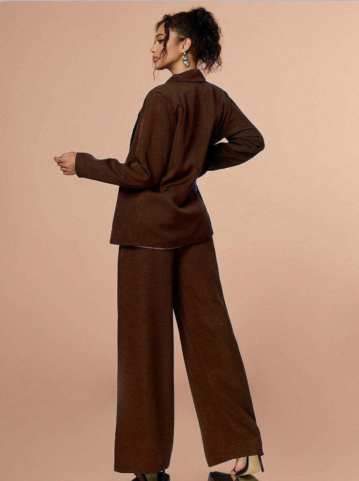 Women solid long-sleeved button blazer and wide-leg pants two-piece set 4