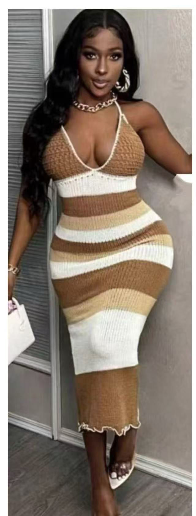 Summer Knitting Sexy Color Block Fashion Holidays Beach Long Dress