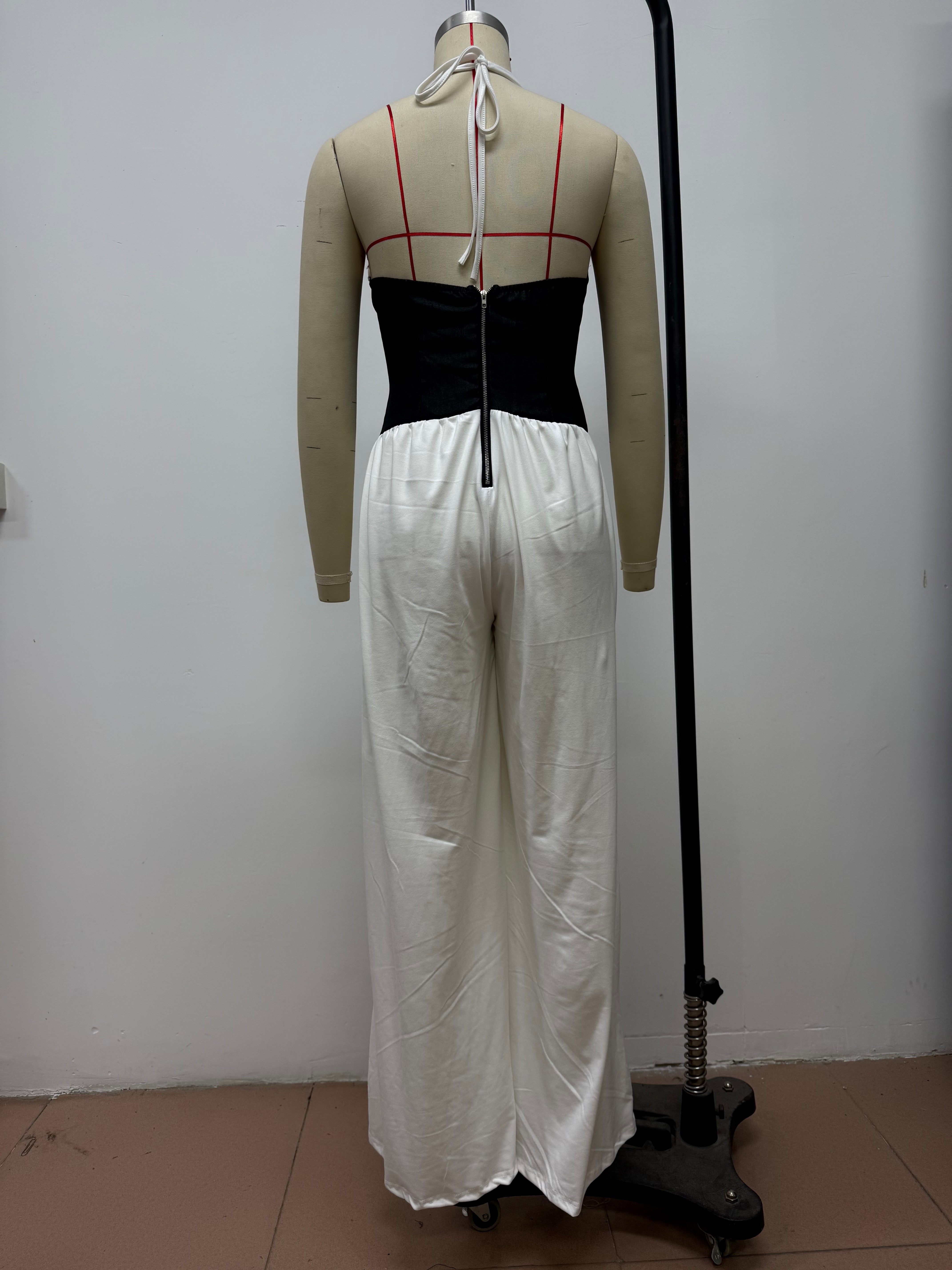 Women Halter Neck Sleeveless Patchwork Wide-leg Jumpsuits 9