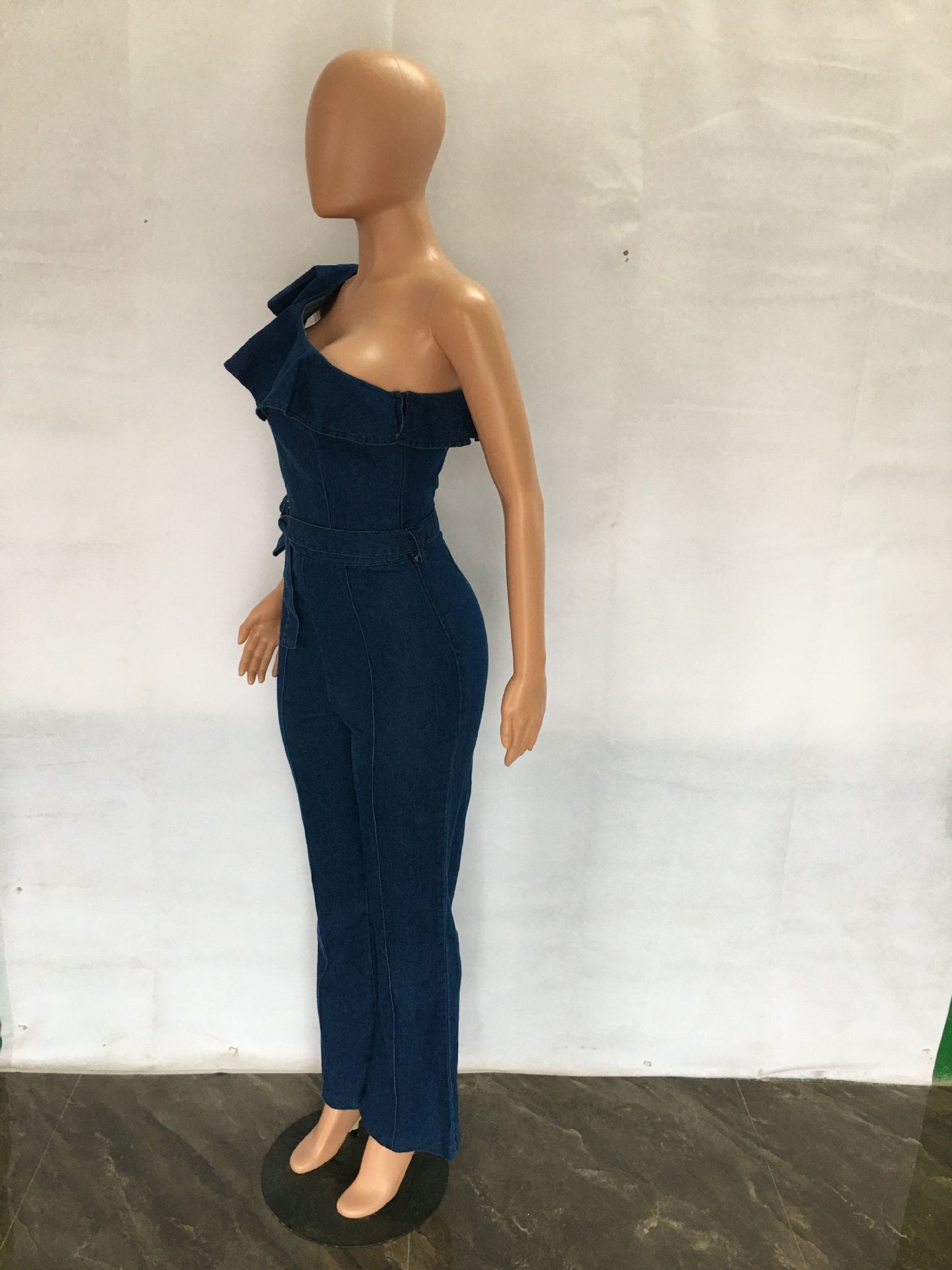 Women Ruffle Slash Shoulder Stretch Wide Leg Denim Jumpsuit 6