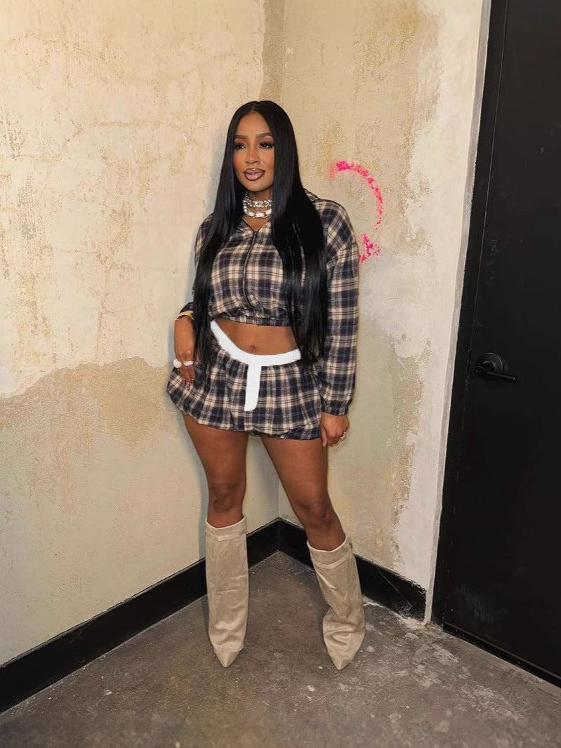 Fashionable print zipper short jacket top bubble short skirt Two Piece Set 4