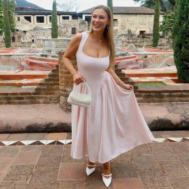 Spring Elegant Square Neck Strap Long Dress 4