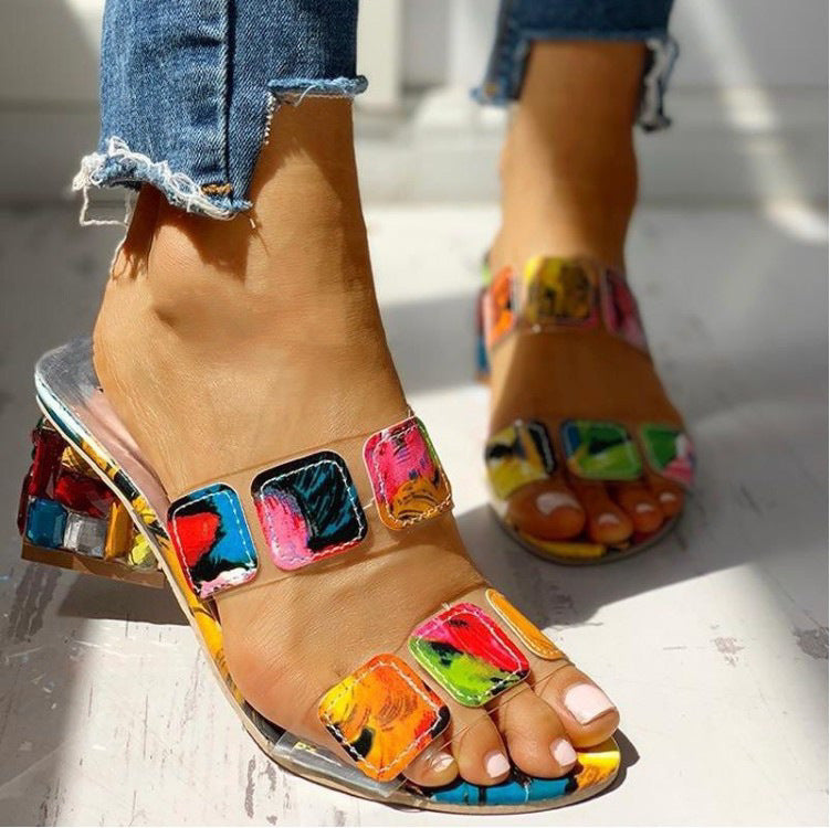 Women's Slippers Rhinestone Thick Heel One Word Sandals And Slippers Color Matching Medium Heel Plus Size Women's Shoes 3