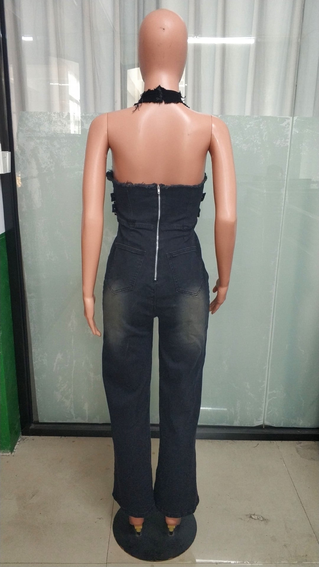 Tight Waist Slim Elastic Washed Denim Halter Neck Loose Jumpsuit 8