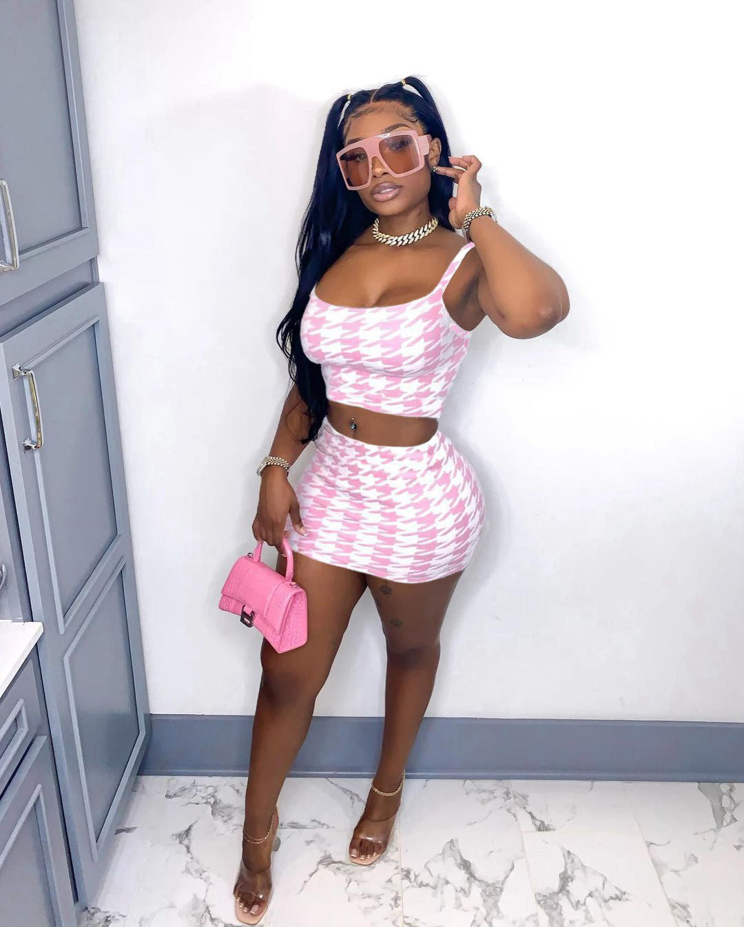 Ladies Houndstooth Tank Top Skirt Set Two-Piece Set 4