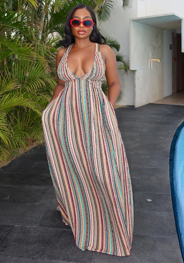 Women summer holidays stripe print lace-up open waist dress