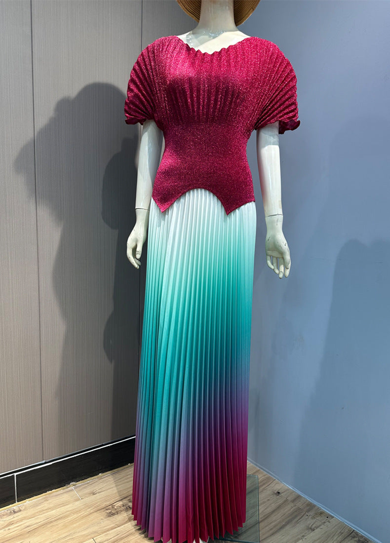 Women pleated v-neck sexy Shiny Top and gradient elegant Skirt two-piece set 7