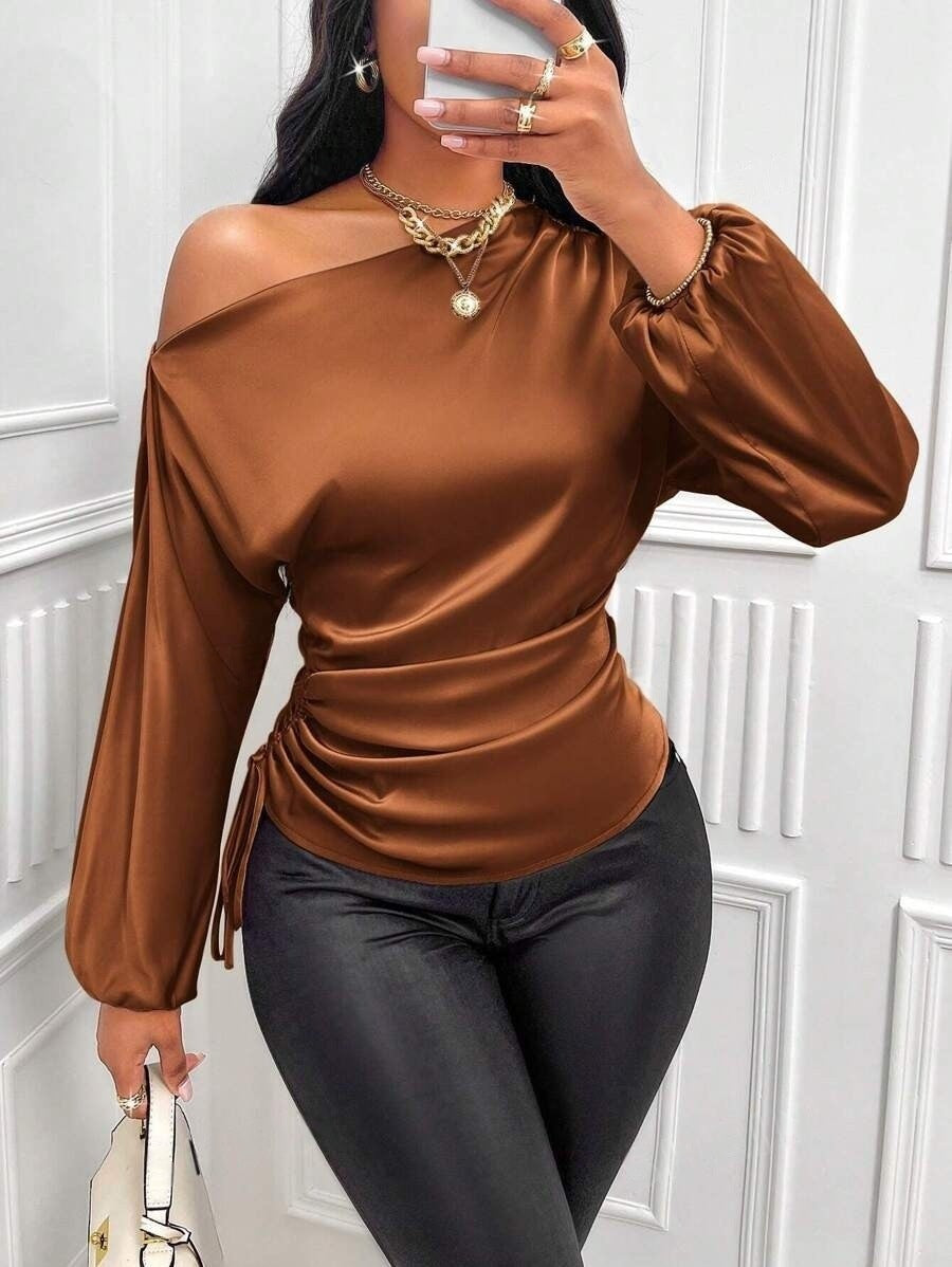 Women's Satin Shirt Asymmetric Slash Shoulder Long-Sleeve Blouse 13