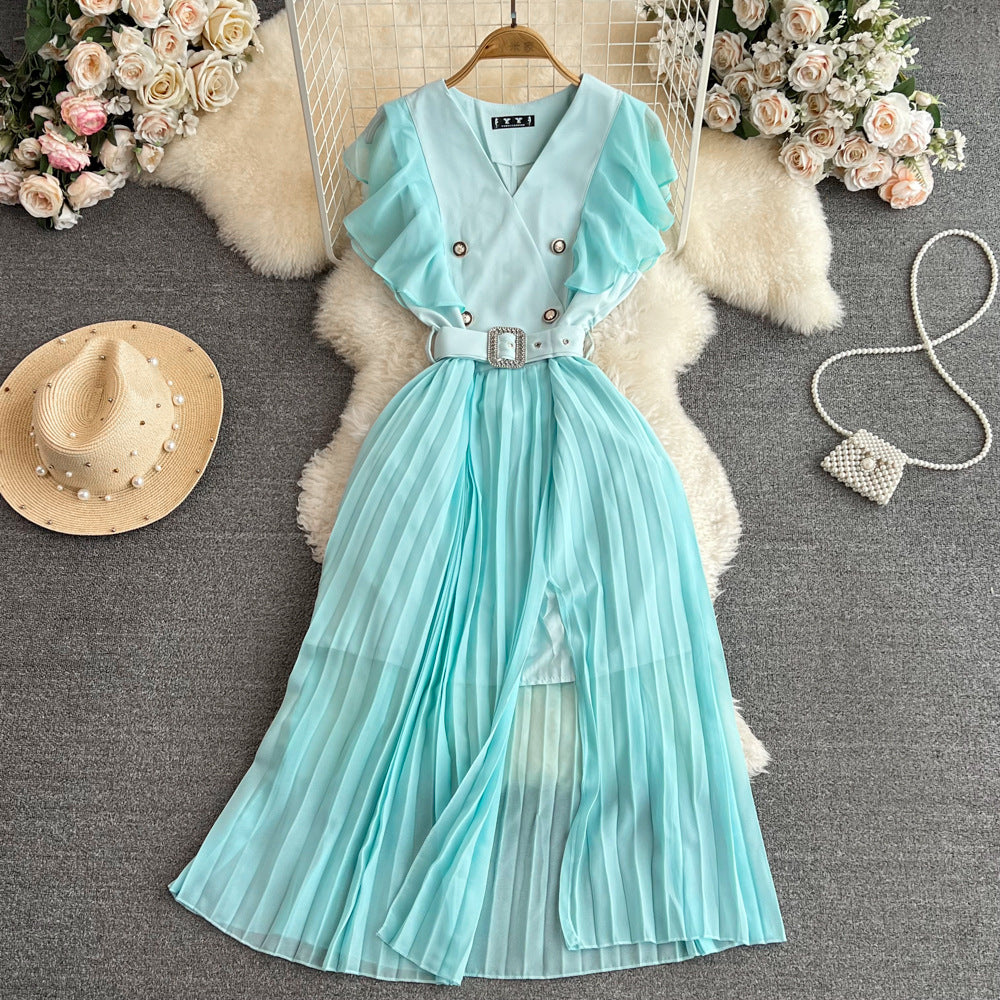 Women Contrast Color Flying Sleeve Collar Slit Pleated Dress 19