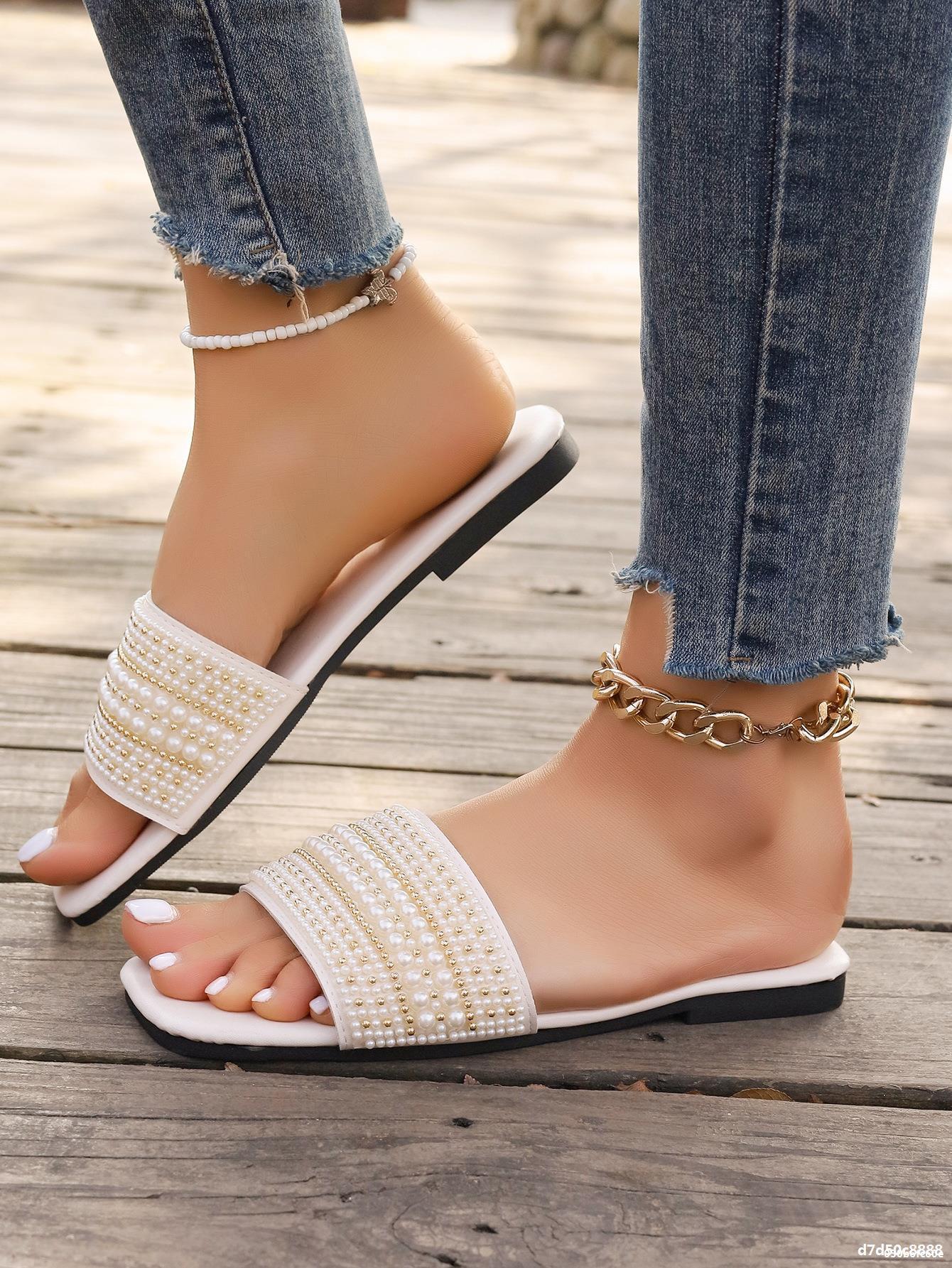 Plus Size women's square toe rhinestone beach sandals beaded flat bottom flip flops slipper 19