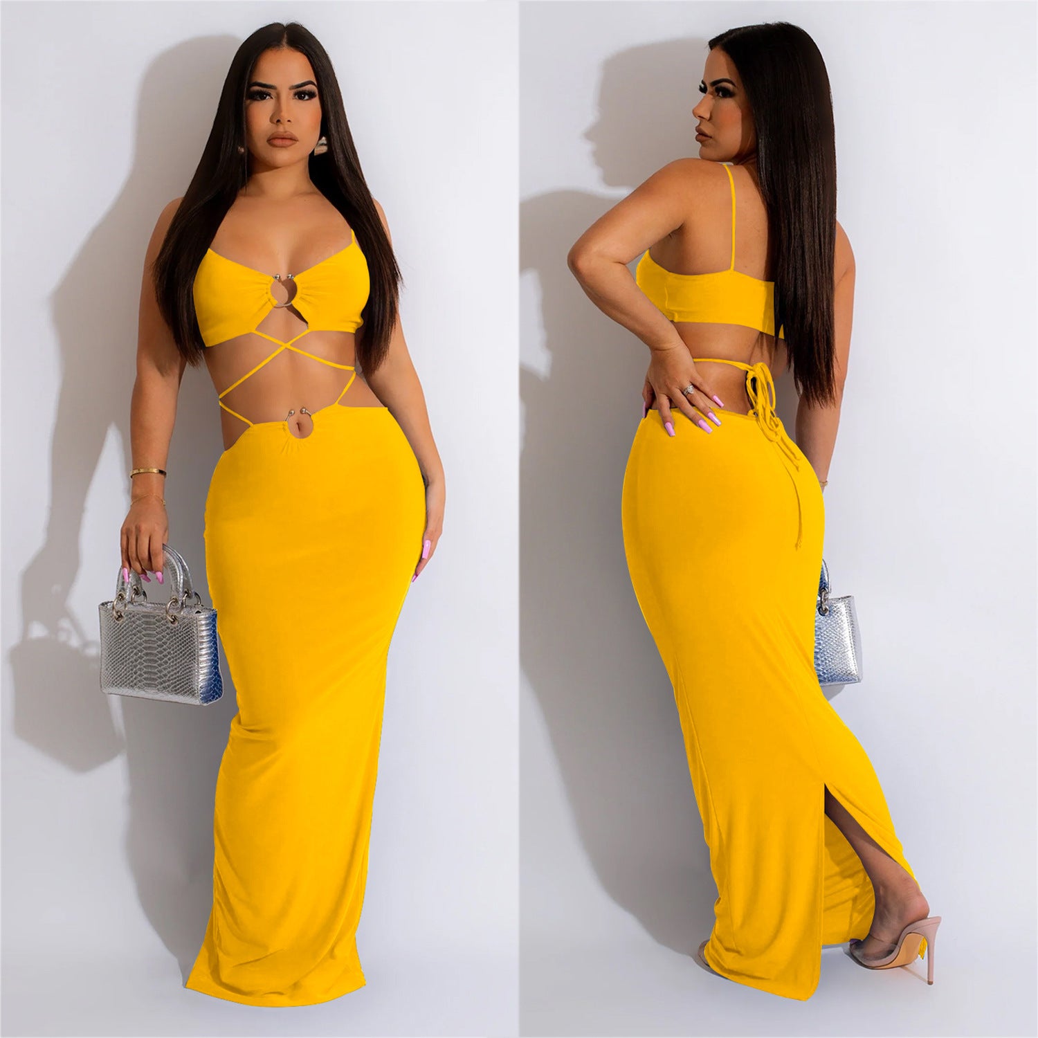 Women's Fashion Solid Color Lace-Up Sleeveless Straps Maxi Dress 6