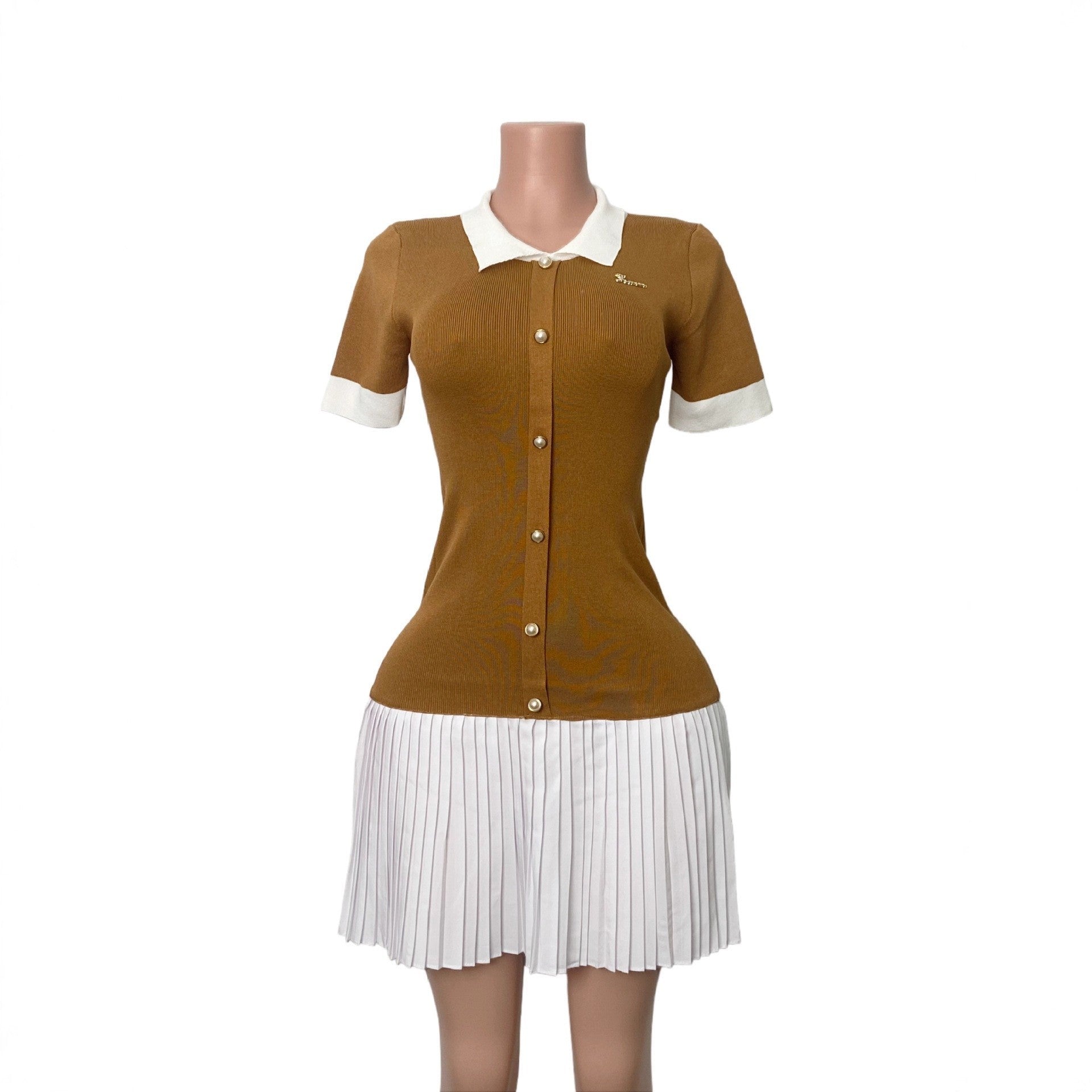 Women Contrast Color Turndown Collar Knitting Short-Sleeved Pleated Dress 10