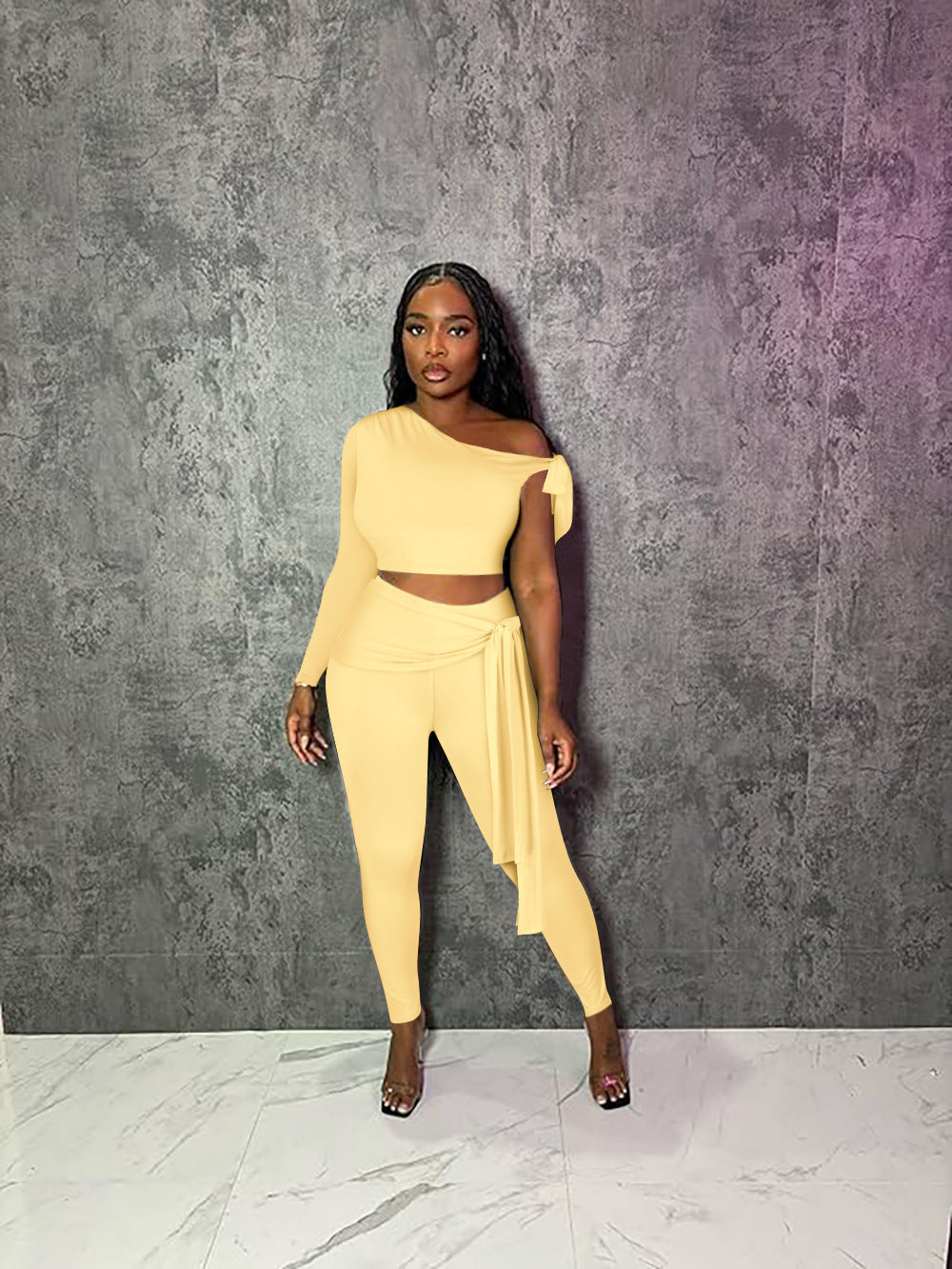 Women Sexy Single Long Sleeve Top and Long Pants Two-Piece Set 11