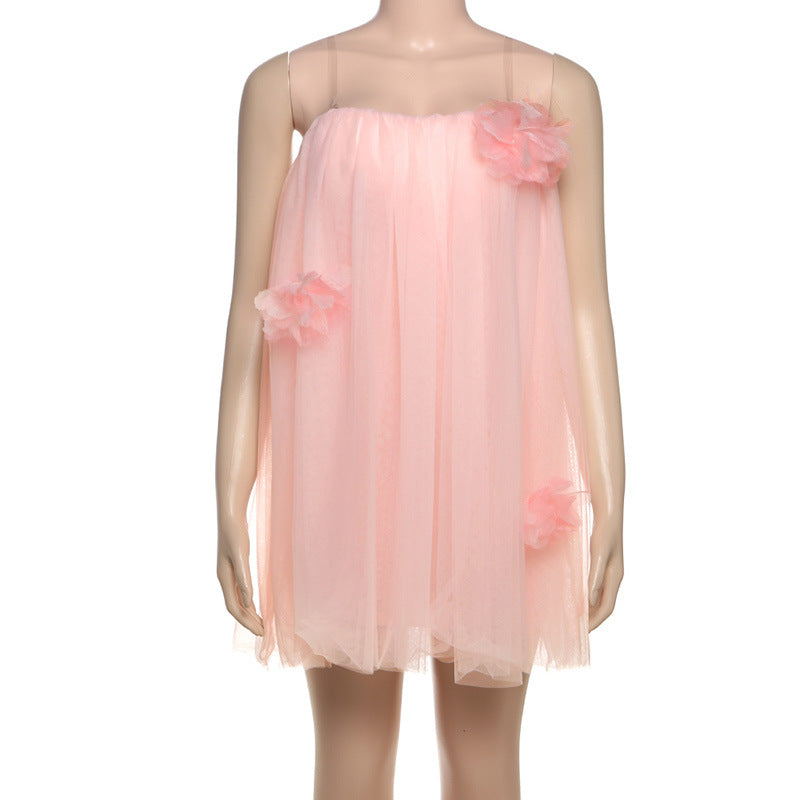 Summer Women's Mesh Puffy Dress Floral Strapless Dress 6