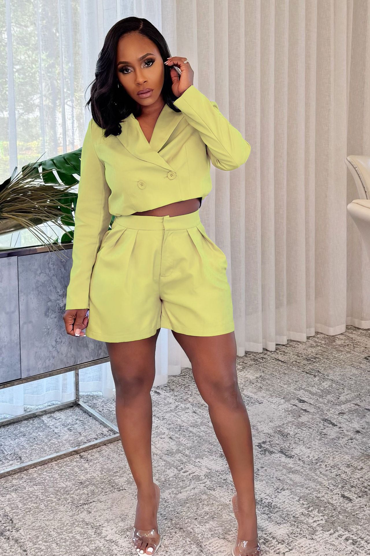 Women elegant Career Turndown Collar Long Sleeve Blazer and Shorts Two-piece Set 4