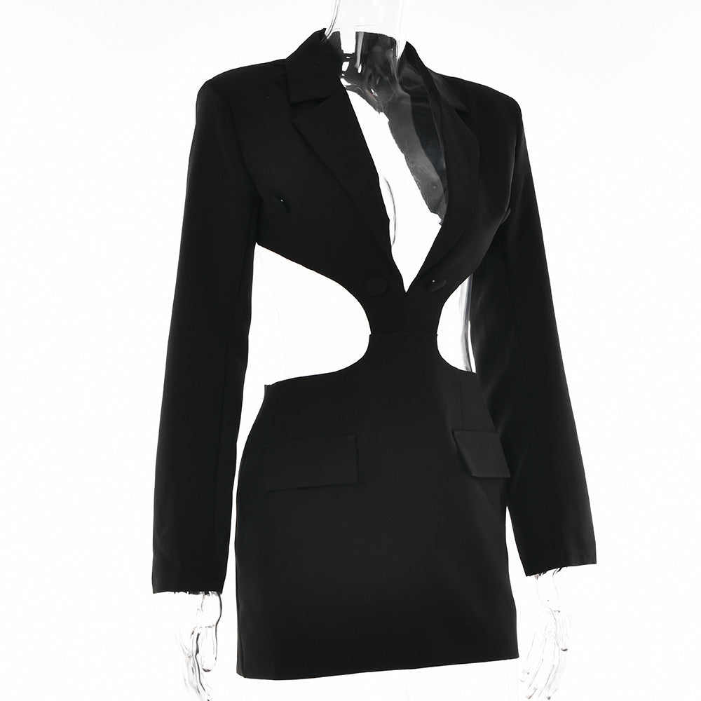 Women's Color Block Turndown Collar Low Back Fall Sexy Open Waist Long Sleeve Dress 8