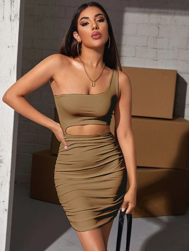 Women Sleeveless Slash Shoulder Hollow Pleated Sexy Bodycon Dress 15