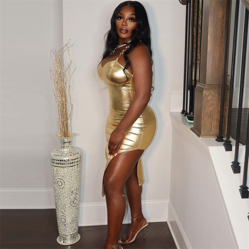 Women autumn shiny strapless sexy bodycon irregular strap Dress 3