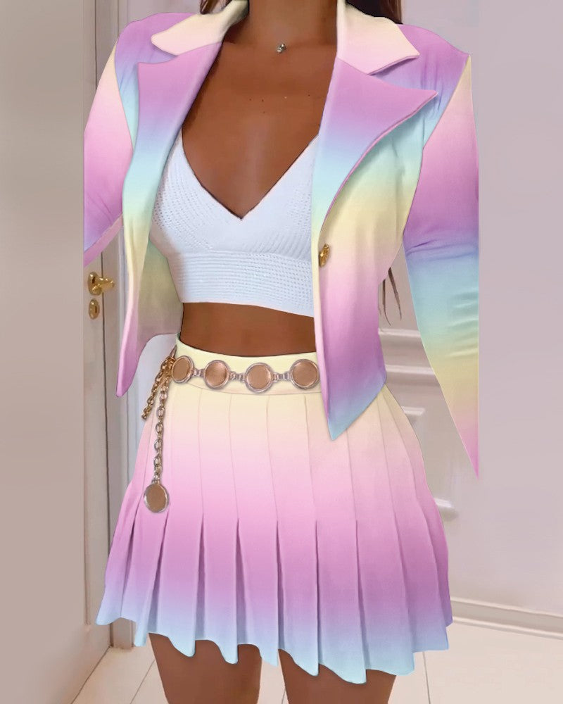 Fall Winter Long Sleeve Turndown Collar Print Blazer Suit 7