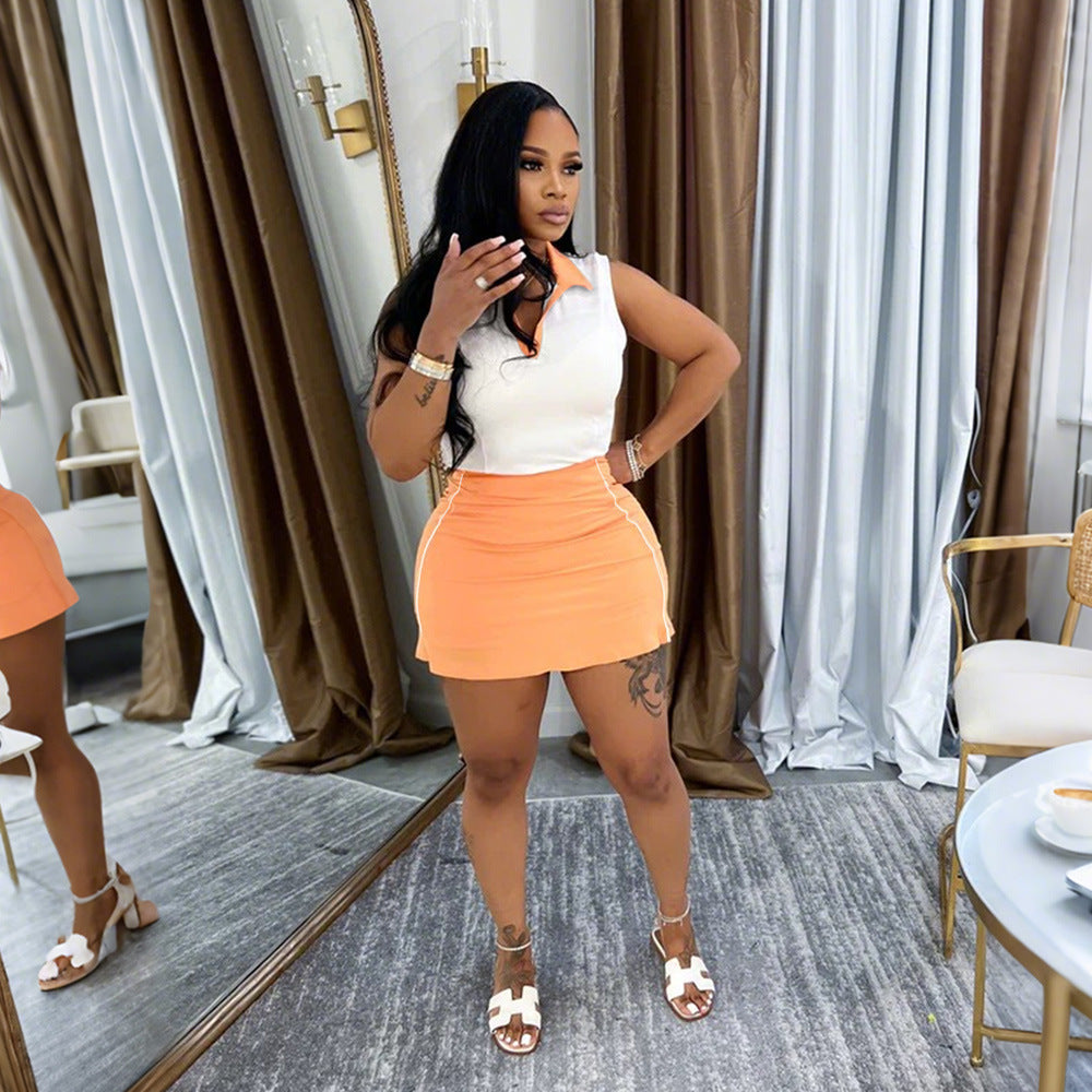 Women Turndown Collar Solid Patchwork Sleeveless Casual Sports Dress 5