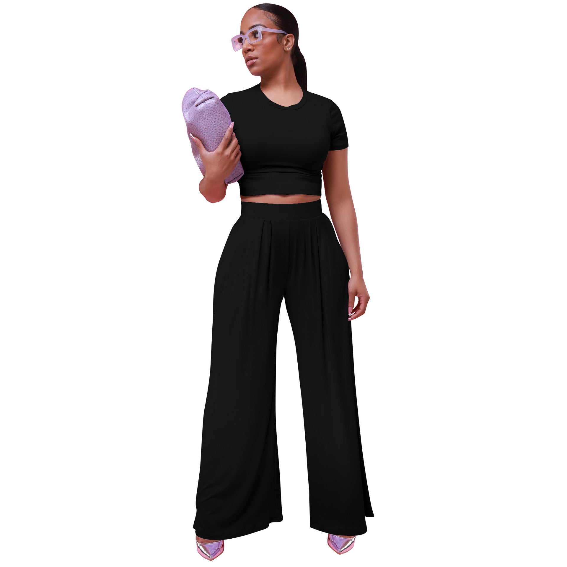 Women's Clothes Summer Fashionable Solid Color Wide Leg Two-Piece Pants Set 11