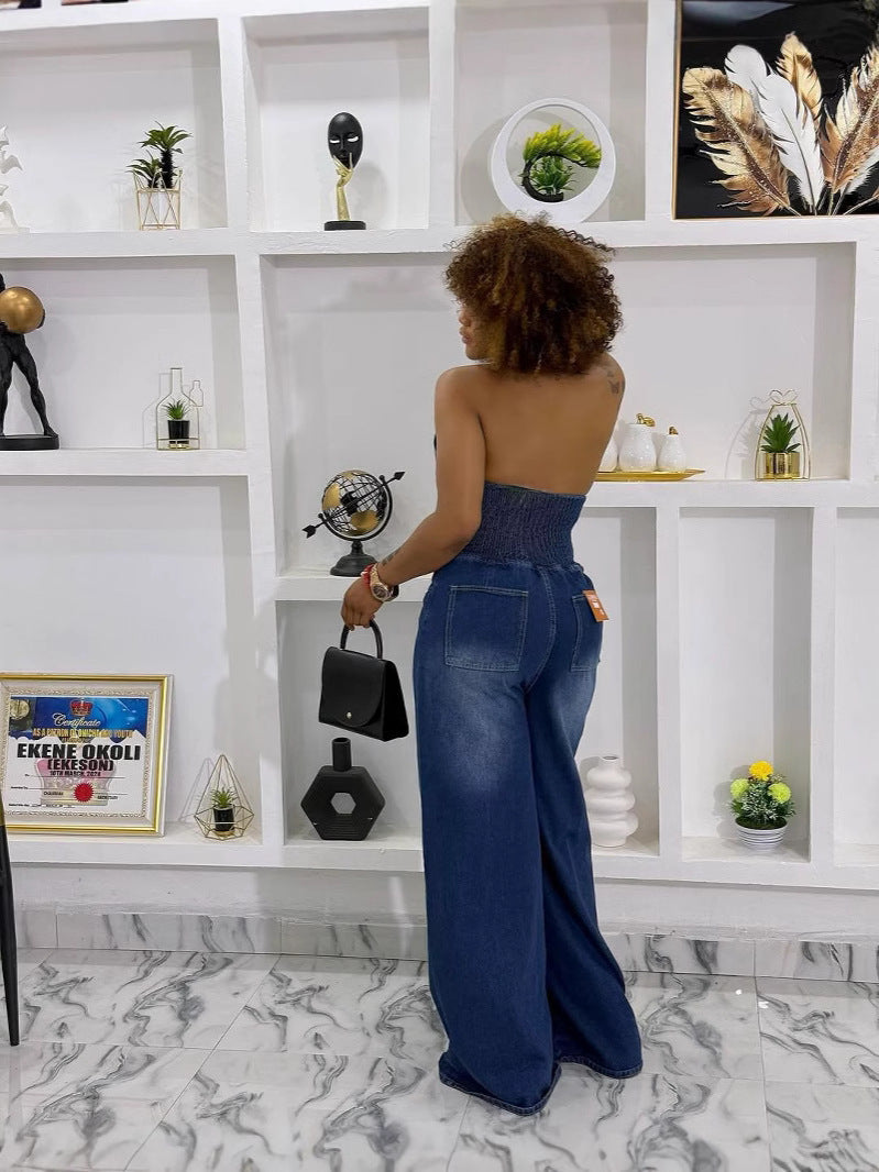 Women summer turndown collar Halter Neck backless denim jumpsuit 7