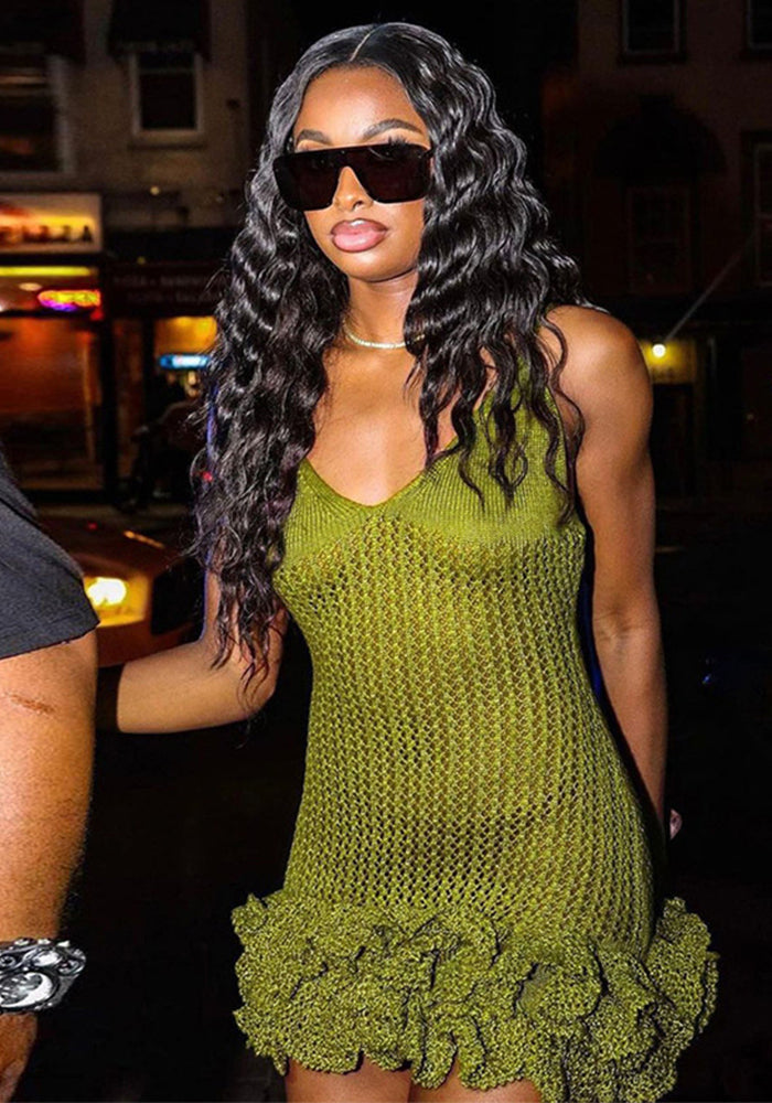 Summer women's sexy suspenders Low Back V-neck low-cut high-waist bud dress