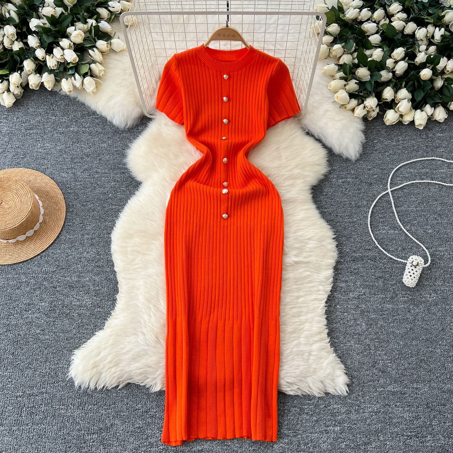 Chic Knitting Round Neck Single-Breasted Short-Sleeved Slim Midi Dress 4