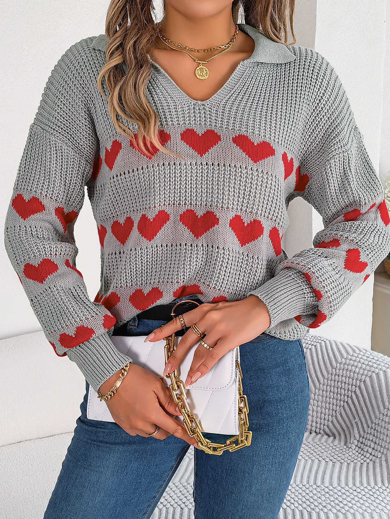 Women Fall/Winter Casual V-neck Balloon Sleeve Heart Print Sweater 8