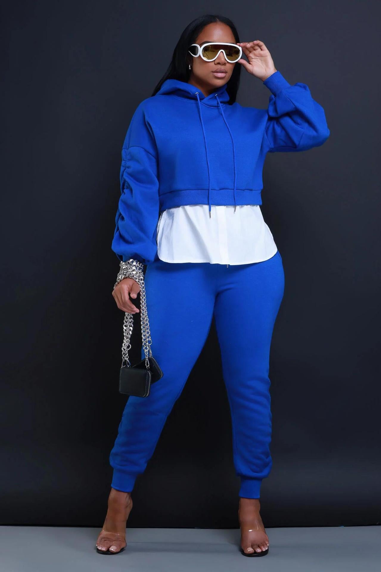 Women Casual Fall/Winter Patchwork Hoodies and Pant Two-piece Set 6