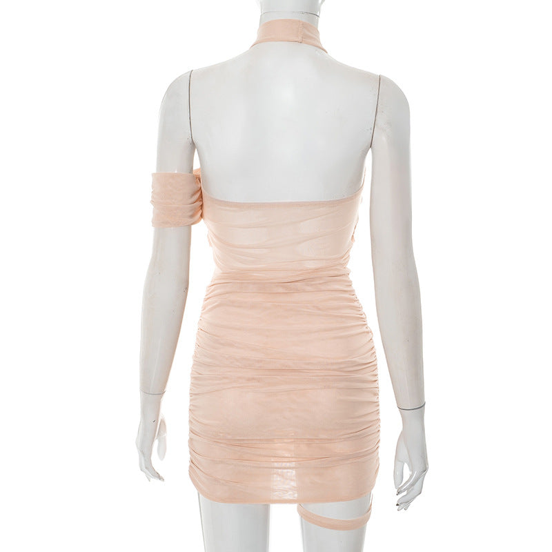 Women Solid mesh Halter Neck Backless Asymmetric Gathered Bodycon Dress 8